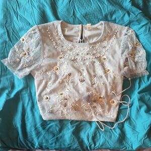 Divided Embroidered Lace Blouse - Gray and White